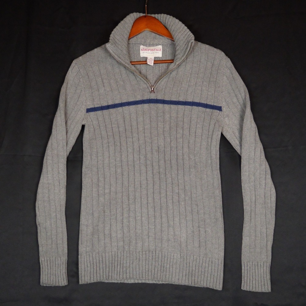 Aeropostale Quarter Zip Sweater Mens S Gray Blue Stripe Ribbed Cotton Blend